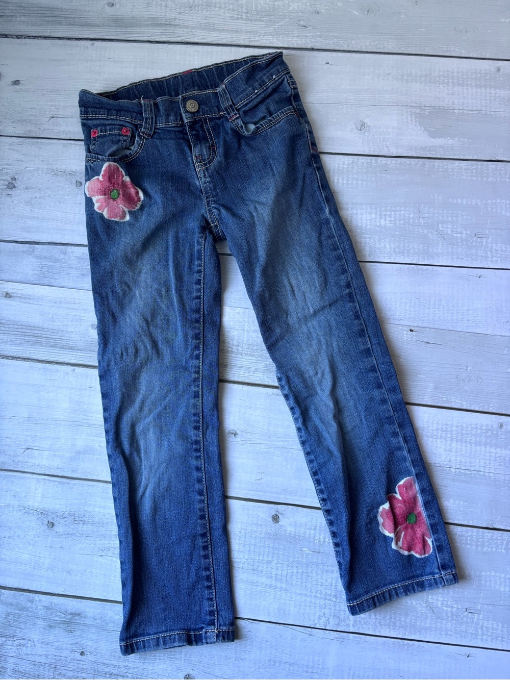 Gymboree Blue Straight Leg Jeans with Pink Flower Design